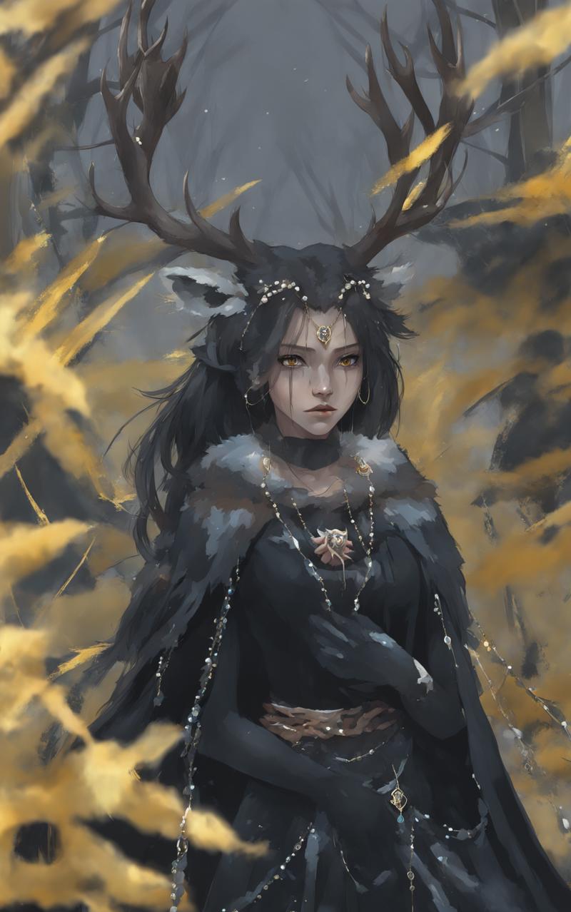 00055-2995899172-impasto, wlop, 1girl, jewelry, black dress, dress, long hair, black hair, necklace, braid, facial mark, gloves, antlers, earring.png